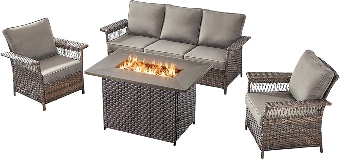 Patio Furniture Set with Fire Pit Table, 4PCS Conversation Set Brown Resin Wicker Chair and Sofa with 41in Rectangular Firepit Table PE Rattan Furniture Set