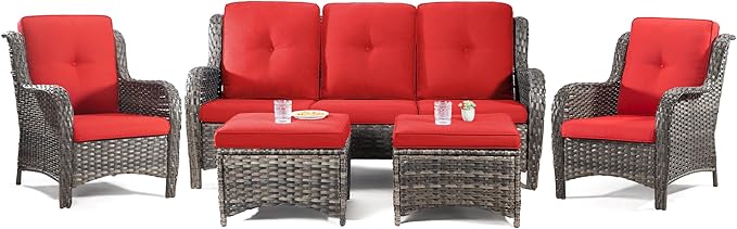 Patio Furniture Set 5-Piece Wicker Outdoor Furniture Conversational Set with 3-Seat Sofa, 2 Armchairs, 2 Ottoman Patio Rattan Wicker Sectional Sofa Set with Olefin Cushions, Red