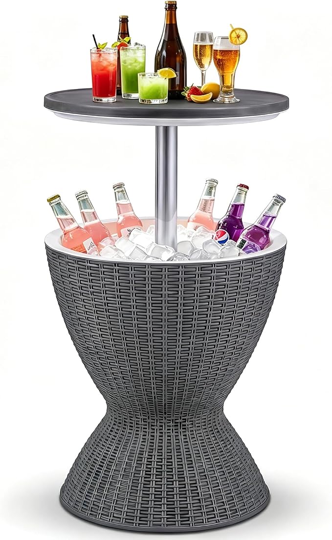 COSTWAY Outdoor Cool Bar Table, 8 Gallon Beer and Wine Cooler, Height Adjustable Rattan Style Cocktail Patio Bar Tables, 3-in-1 Ice Cooler with Drainage Plug for Deck, Pool, Party, Beach (Gray)