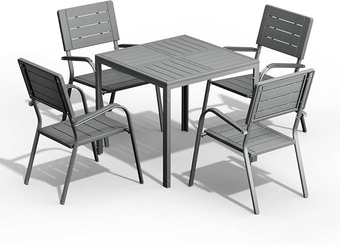 VINGLI Outdoor Patio Dining Set,5 Piece Square Table Patio Furniture Set,HDPE All-Weather Material Outdoor Dining Table and Chair for Garden, Backyard, Grey