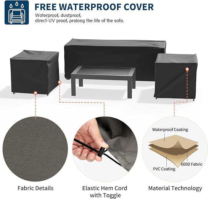 UDPATIO Aluminum Patio Furniture Set, 4 Pieces Outdoor Conversation Set with Waterproof Covers, All-Weather Modern Sectional Sofa for Patio, Deck, Backyard, Dark Grey/Dark Grey