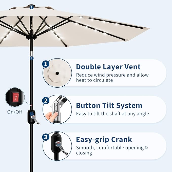 Garvee 9/10 FT Solar Patio Umbrella with 32 LED Lights - Outdoor Table Umbrella with Crank Lift, Push Button Tilt and 8 Sturdy Ribs - Market Umbrella UV Protection for Pool, Deck, Yard, Garden