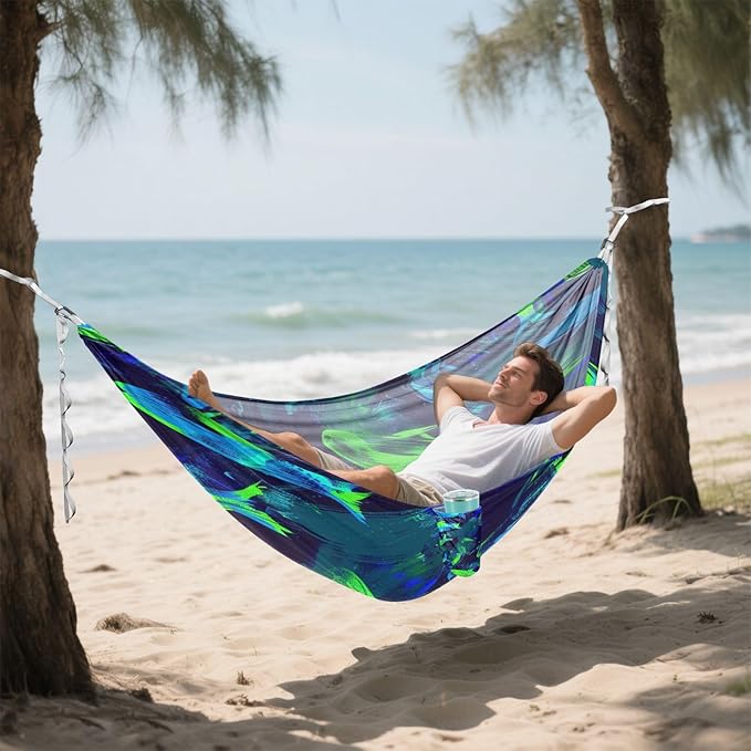 Neon Blue and Dark Green Fish 330lb Capacity Outdoor Hammock with Hanging Rope Portable Hammock for Outside Beach Patio Garden hamaca para adultos