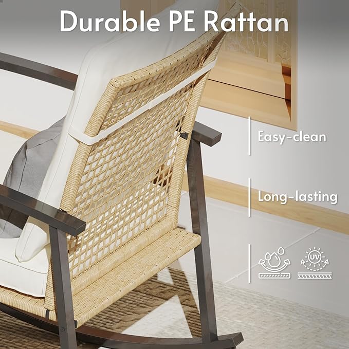 ENSTVER 3 Pieces Outdoor Rocking Chairs Set of 2 with Thick Cushions and 2-Tier Coffee Table, Patio Rocking Chairs Bistro Set with Durable PE Rattan for Front Porch and Balcony
