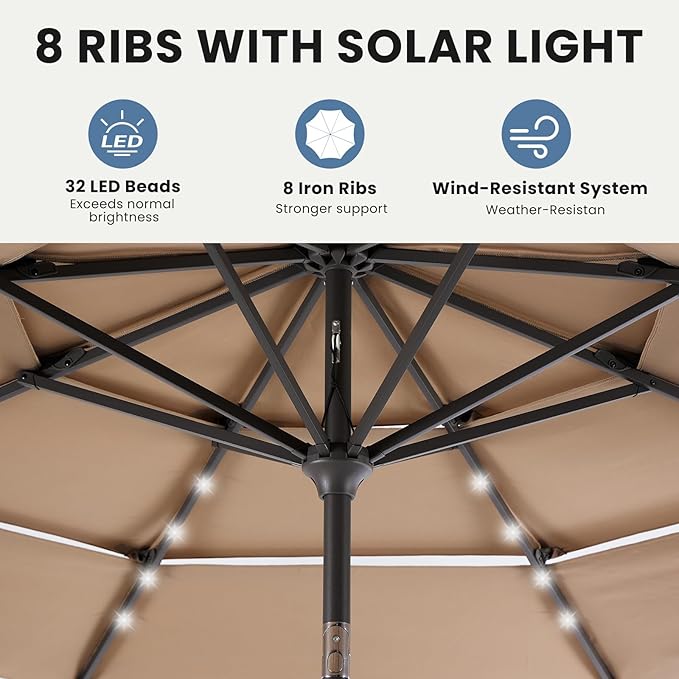 DUMOS LED Outdoor Patio Umbrella 10 FT UV-Resistant Market Umbrella with Tilt Adjustment & Crank Lift, All-Weather Shade for Backyard, Deck, Garden, Beach