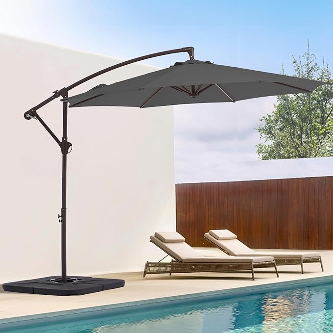 10FT Patio Umbrella, Outdoor Offset Cantilever Umbrella with Sturdy 8 Ribs and Reinforced Base, Easy Tilt Adjustment for Backyard Pool Garden,Grey