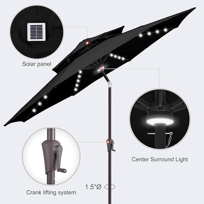 9FT Solar Umbrella Outdoor - 2-Tier Lighted Solar Patio Umbrella with 40 LED Lights Waterproof UV Protection, Table Umbrella with Tilt for Pool, Porch, Garden, Backyard (Black)