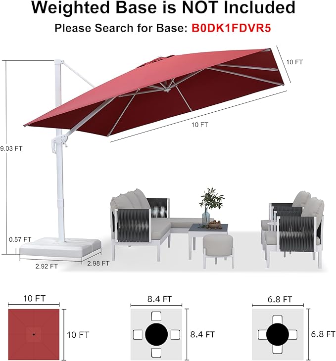 PURPLE LEAF 10 FT Patio Umbrella White Cantilever Umbrella Aluminum Square Outdoor Offset Umbrella Hanging Windproof with 360° Rotation for Garden Deck Pool, Red