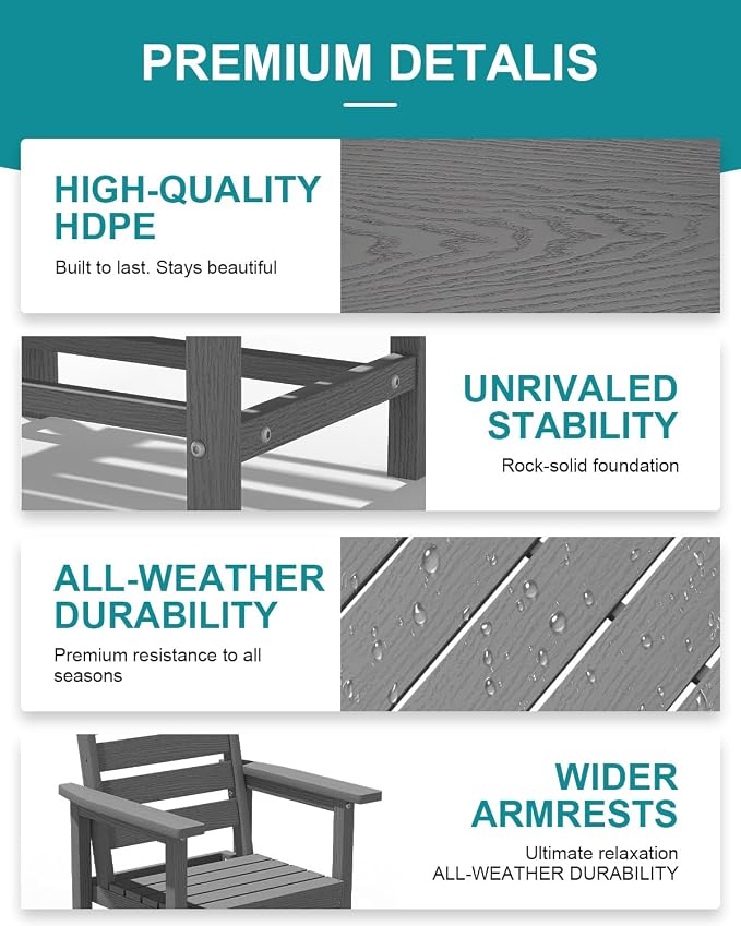 PLUUV 66" Outdoor Dining Table, All-Weather HDPE Rectangular Patio Table with 2” Umbrella Hole, Weatherproof, Grey
