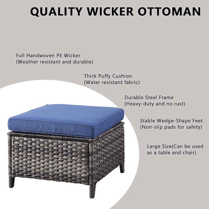 Rilyson Wicker Outdoor Patio Furniture Set - 5 Piece Patio Conversation Sets with Swivel Rocker Chairs, Ottomans and Sofa, 6 inch Cushions, Waterproof Wicker, for Porch Deck Mixed Grey/Blue