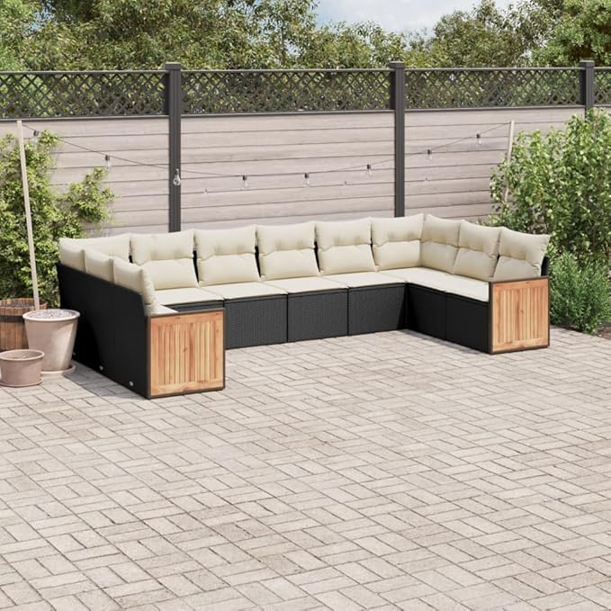 Garden Sofa Set Black PE Rattan Balcony Seating Group Patio Conversation Set for Decks 10 Piece Adjustable Feet