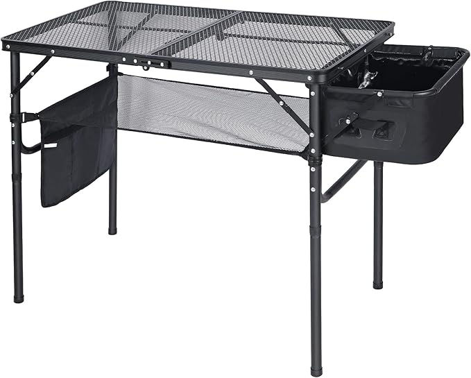 RedSwing Portable Grill Table with Sink for Outside, Aluminum Frame Folding Grill Stand Table for Outdoor Camping Picnic BBQ, Lightweight Adjustable Height, 36 x 20 x 31 Inches, Black