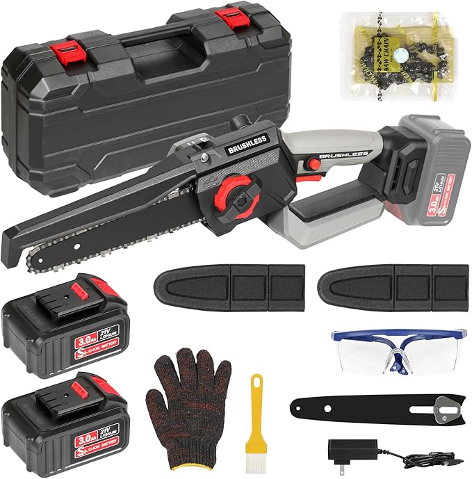 8 Inch Mini Chainsaw Cordless, 1150W 5000RPM Brushless Handheld Electric Chain Saw with Chain Guide Plate 2x3.0A Batteries and Other 6 Accessories, for Tree Branch Wood Cutting, Garden Tools Gift