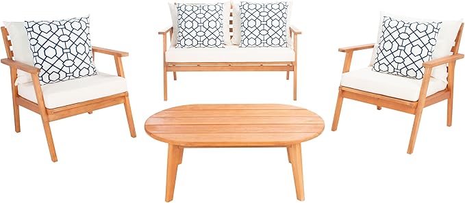 SAFAVIEH Outdoor Deacon Natural and Beige 4-Piece Set with Blue and White Pillows