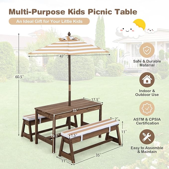 HONEY JOY Kids Picnic Table, Outdoor Wooden Table & Bench Set w/Removable Cushions and Umbrella, Stripe Fabric, Children Backyard Furniture for Patio Garden, Gift for Toddler Boys Girls Age 3+(Coffee)