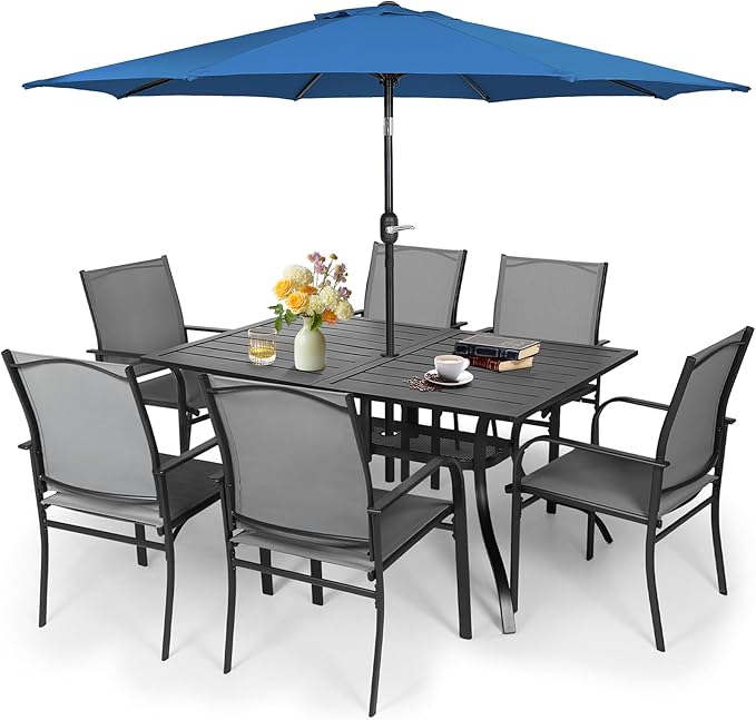 Crownland 7 Piece Patio Dining Set, Outdoor Textilene Dining Sets, 6 Textilene Metal Chairs and Rectangular Outdoor Dining Table with Dark Blue 9FT Round Outdoor Umbrella (Grey)