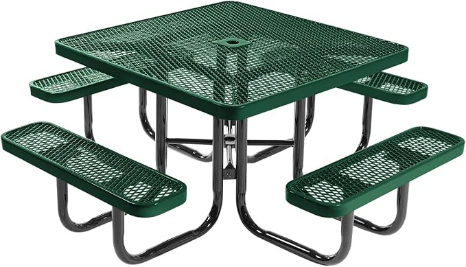 COATEDOUTDOORFURNITURE Heavy-Duty Portable Outdoor Picnic Table with Umbrella Hole, Expanded Metal Commercial-Grade Patio Dining Furniture Made in America (46" Square Top, Textured Green)