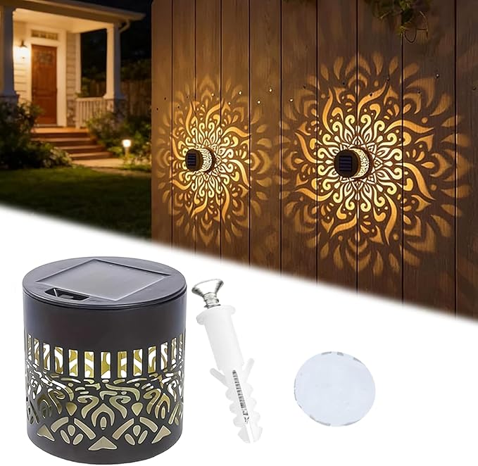 DDRIC Decorative Solar Mandala Lights, Metal Solar Powered Outdoor Wall Sconces, Waterproof Step Lights, Warm Yellow Glow, for Garden Fence Patio Deck Yard Decor (1PC)