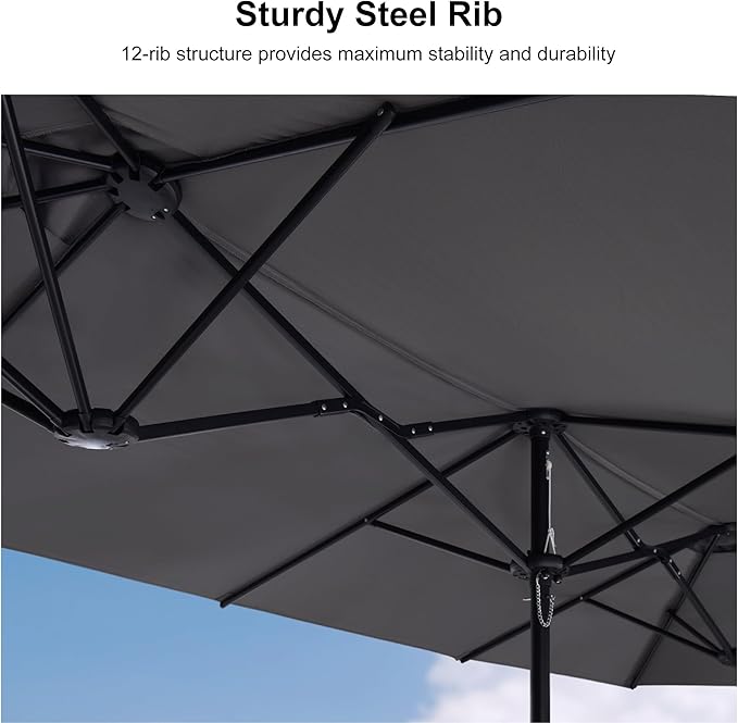 PURPLE LEAF 13ft Patio Market Umbrella with Base Double-Sided Rectangle Outdoor Table Sun Umbrellas with Crank 12 Heavy Duty Sturdy Ribs for Pool Beach Deck Backyard Light Gray