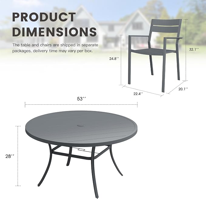 Patio Dining Set for 8, 53" Outdoor Dining Table and Chairs Set with Stackable Patio Chairs Outdoor Furniture for Garden Deck Backyard, Dark Grey Table and Grey Chairs