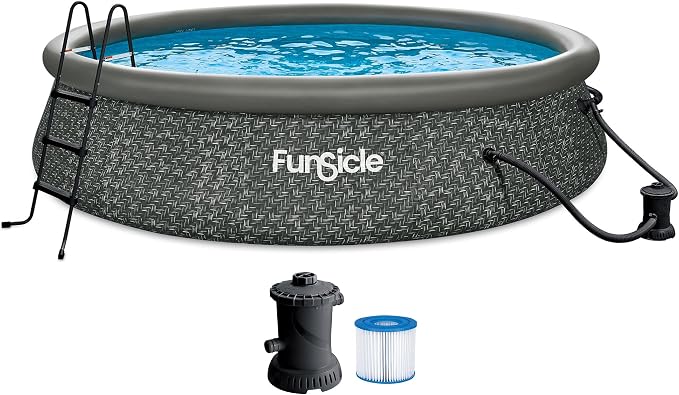 Funsicle Quickset Designer 14' x 36" Round Above Ground Swimming Pool, with FiltraBoost 800 GPH Filter Pump, Ladder, Type D Filter Cartridge & Repair Patch, Dark Herringbone