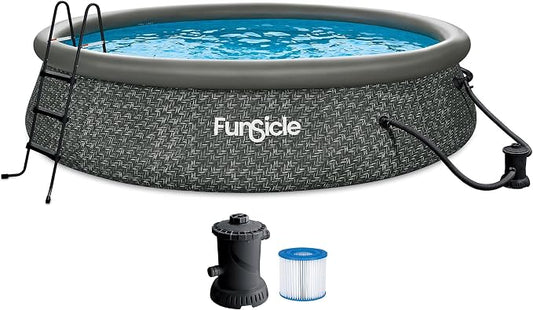 Funsicle Quickset Designer 14' x 36" Round Above Ground Swimming Pool, with FiltraBoost 800 GPH Filter Pump, Ladder, Type D Filter Cartridge & Repair Patch, Dark Herringbone