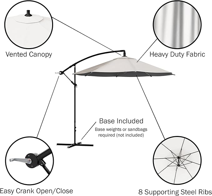 Pure Garden Offset Patio Umbrella – 10 Ft Cantilever Hanging Outdoor Shade - Easy Crank and Base for Table, Deck, Porch, or Poolside (Tan)