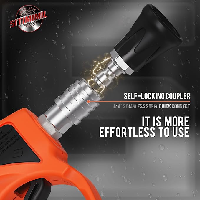 SITIMIMIL® Short Pressure Washer Gun Swivel Pro, Tangle-Free, Power Washer Gun with Self-Locking Spout Design, 3/8" QC Plug to M22-14/15mm (Brass, Stainless Steel, Orange Black)