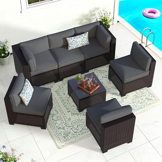 7 Piece Patio Furniture Set, Wicker Patio Conversation Sets, Outdoor Sectional Furniture with Tempered Glass Table, for Backyard, Deck, Garden, Dark Brown Rattan & Dark Gray Cushions