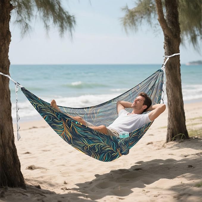 Camping Hammock Outdoor Hammocks for Outside Peacock Feathers Beach Trees Portable Lightweight with Pockets Tree Straps Indoor Small