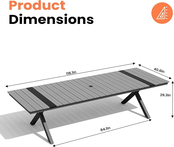 Pellebant 118" Outdoor Dining Table for 8-12, 10ft Aluminum Patio Table with Umbrella Hole, Weather Resistant Grey Wood Grain Tabletop and Sturdy Frame for Deck, Porch, Backyard