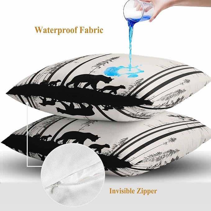 Abstract Outdoor Waterproof Throw Pillow Covers Set of 2, 24"x24", Animal Bear Family Forest Trees Silhouette Decorative Pillow Covers Outside Cushion Case for Patio Porch Garden