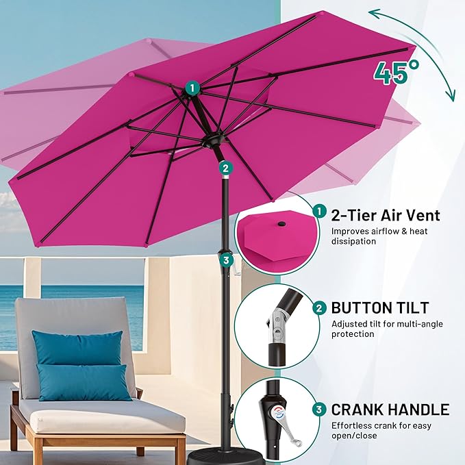 AreShark 9ft 2 Tiers Patio Umbrella - Outdoor Umbrella Waterproof UV Protection, Market Table Umbrella w/Push Button Tilt&Crank for Pool, Porch, Garden(Rose Pink)