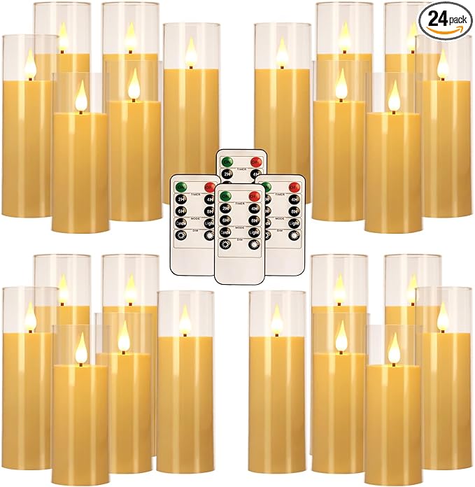 24-Pack LED Flameless Candles(14/16/18cm) with 4 Timers Remote - 3D Flickering Flame, Clear, Perfect Decor for Home & Events.