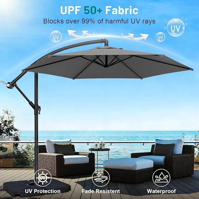 AreShark 10FT Patio Outdoor Umbrella, Offset Patio Umbrella Cantilever Umbrella, 6 Sturdy Ribs, Easy Adjustment for Garden Market Pool with Cross Base (Gray)