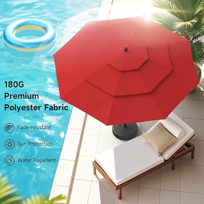 ONBRILL 10 FT Patio Umbrella, 3 Tier Outdoor Table Umbrella with 8 Sturdy Glass Fiber Ribs and Push Button Tilt, Outdoor Patio Umbrellas for Market Pool Garden Backyard, 1.5" Pole, Red (No Base)