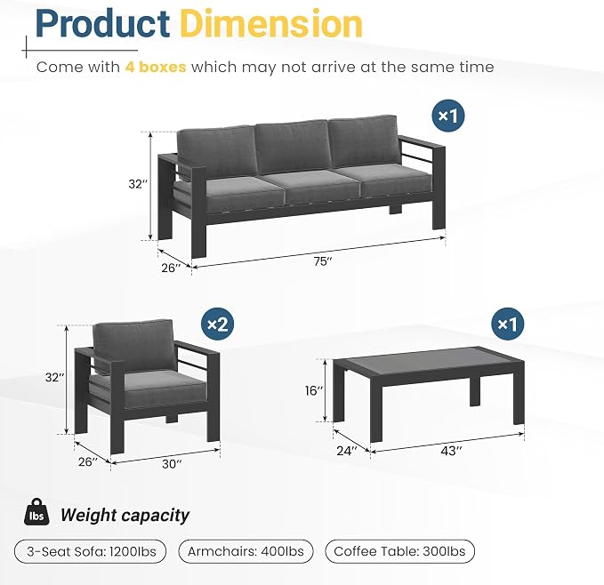 Solaste Aluminum Outdoor Patio Furniture Set, 5 Seats Patio Sectional Sofa with 5" Thick Cushion, Outdoor Patio Set with Coffee Table for Porch, Yard, Backyard, Deck, Grey
