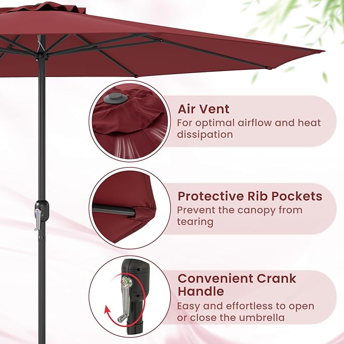 Tangkula 12 FT Patio Umbrella, Outdoor Market Umbrella with Crank Handle, 8 Sturdy Ribs, Double-Tiered Table Umbrella, Sun-Protective Waterproof Canopy Round Parasol for Garden Backyard Pool (Wine)