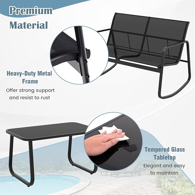 Tangkula 8 Piece Rocking Patio Furniture Set, 4 Rocking Chairs & 2 Loveseat with Glass-Top Table, Patio Rocking Set with Smooth Rocking Motion, Outdoor Rocker Conversation Set for Porch, Yard