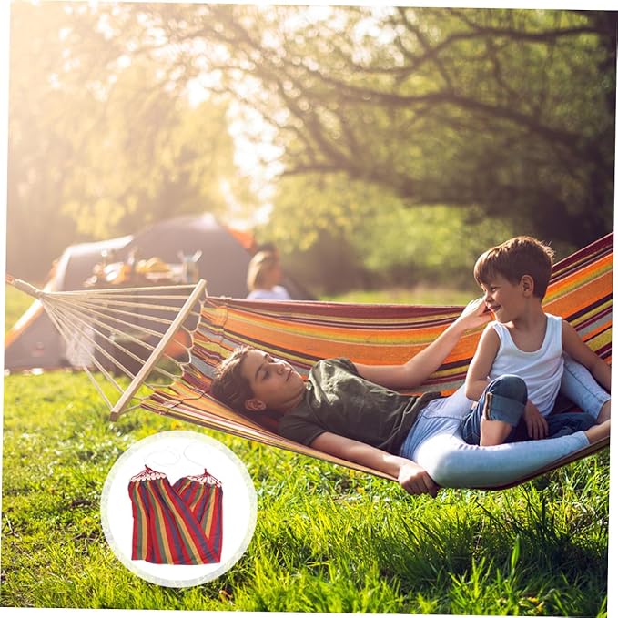 FRCOLOR Single Person Rainbow Striped Hammock, Outdoor Leisure Swing for Travel, Widened Canvas Cotton Material with Anti-tip Design, Portable Outdoor Relaxation Hammock