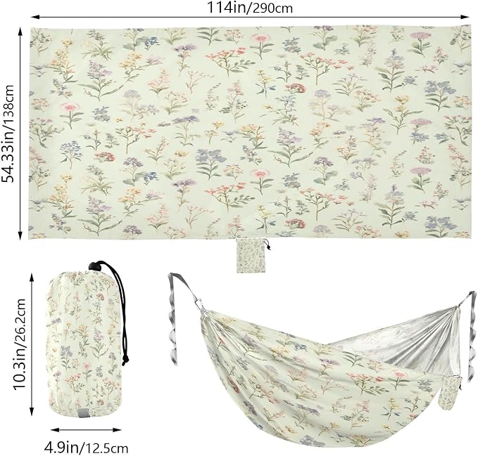 Watercolor Wildflower Pattern Camping Hammock, Portable Lightweight Single Hammock with Tree Straps and Aluminum Carabiners, 114" x 54" Travel Hammock for Hiking Backpacking Beach