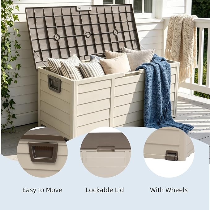 75 Gallon Waterproof Outdoor Deck Box with Wheels, Lockable Resin Patio Storage Container for Cushions, Garden Tools, Pool Accessories and Outdoor Supplies, Brown