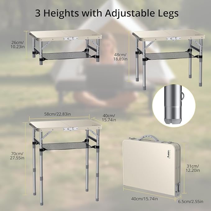 Anbte 2ft Small Plastic Folding Table, Waterproof 3 Adjustable Height Portable Camping Table with Storage Net, Flat Tabletop, for Picnic Indoor Outdoor Travel Beach Patio, 22.8" X 15.7", White