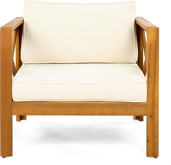 Christopher Knight Home Lucy Acacia Wood Outdoor Patio Furniture Set, 3 Pieces Patio Set, Round Side Table and ArmChairs Conversation Set with Cushion for Garden Lawn Balcony, Beige + Light Teak