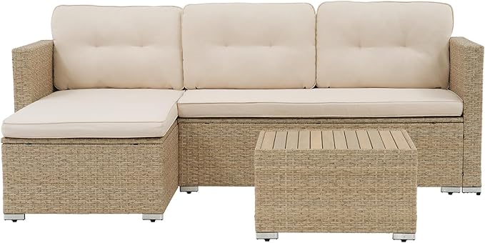 JOIVI 3 Piece Patio Furniture Set, L Shaped Wicker Rattan Outdoor Sectional Couch Conversation Set with Cushions & Wooden Top Coffee Table, All Weather Patio Sofa Set for Balcony or Porch, Beige
