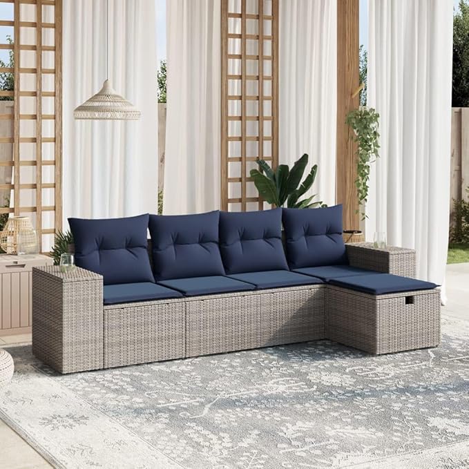 vidaXL Patio Sofa Set with Cushions 5 Piece, Outdoor Conversation Set, Sectional Sofa for Balcony Garden, Modern Style, Gray Poly Rattan