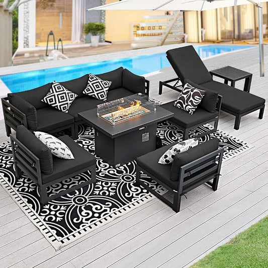 BULEXYARD 7 Seat Large Aluminum Patio Conversation Set with Lounge & Fire Pit Table, 29" Deep Wide Seat, High End Modular Sectional Seating, 500 lbs Heavy Duty Anti-Rust Outdoor Sofa for Pool, Black