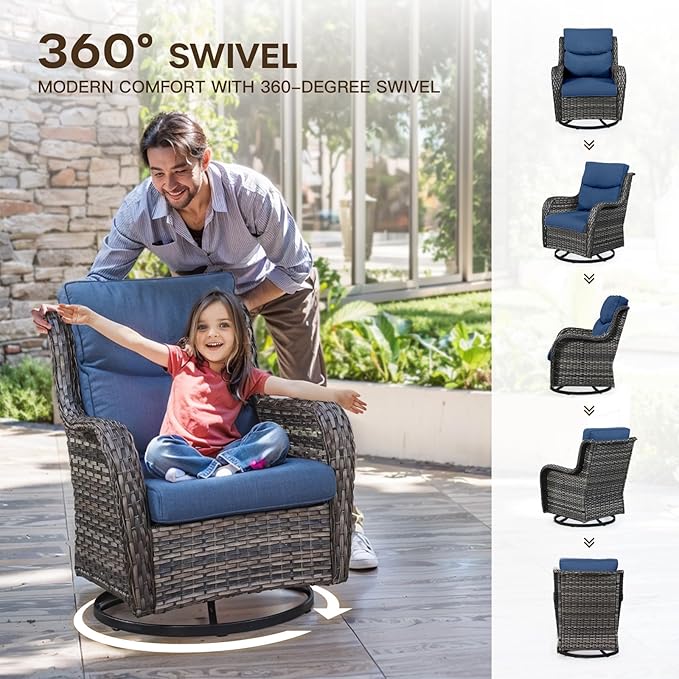 Patio Luxury Conversation Set of 4 Swivel Chairs with Side Table and 30in Square Wicker Firepit Table, Grey Wicker|Blue Cushions