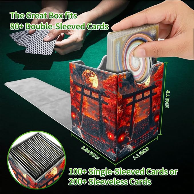 Deck Box for MTG, Cards Storage Box Fits 120+ Sleeved, Leather Medium Size Strong Magnetic Closing Card Case for Board Games Magic TCG CCG Baseball Collection, Red Maple Leaf Moon