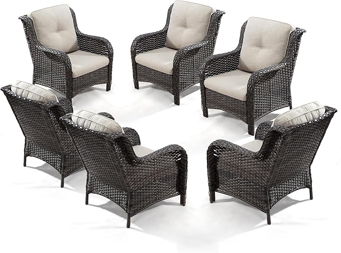 Outdoor Wicker Chair Rattan Patio Dining Chairs Set of 6 PE Wicker Patio Chairs with 4 inch Seat Cushions Patio Seating Chair for Garden, Backyard Swimming Pool, Balcony, Beige